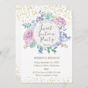 Sweet 16 invitation succulents faux gold confetti