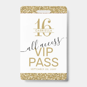 Sweet 16 Invitation VIP Pass White and Gold ID Badge