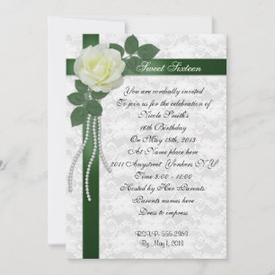 Sweet 16 Invitation White rose and green ribbon