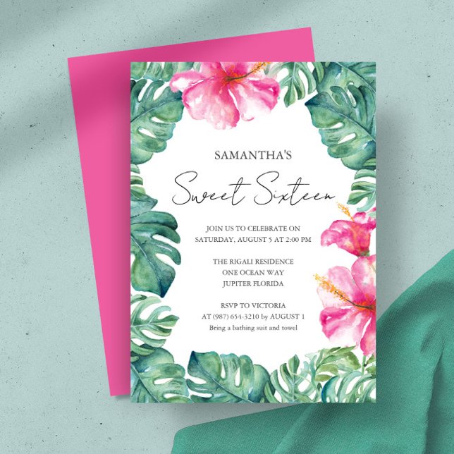 Sweet 16 Invitations Tropical Aloha Theme (Tropical luau sweet sixteen birthday invitation unique watercolor flower Victoria Grigaliunas)