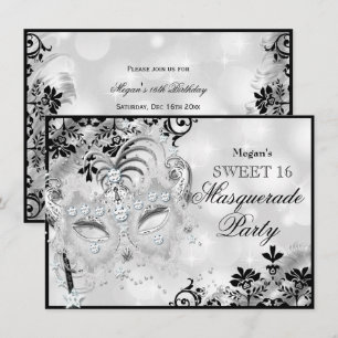 Sweet 16 Jewel Mask & Damask Silver Masquerade Invitation