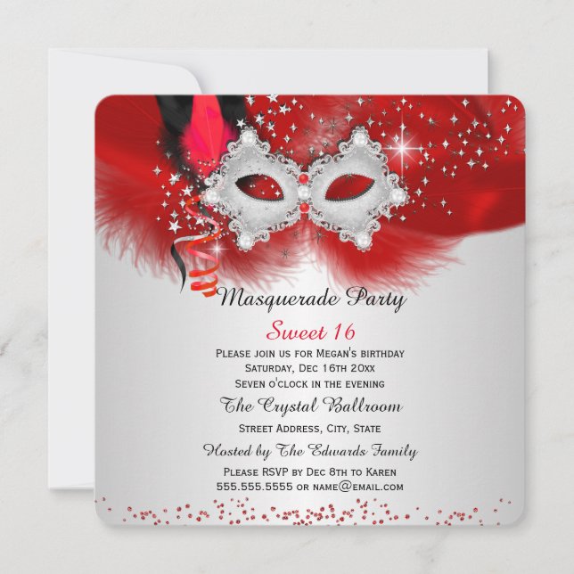 Sweet 16 Lace Mask Red Silver Masquerade Invitation (Front)