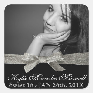 Sweet 16 Large Photo with Silver Glitter Ribbon Square Sticker