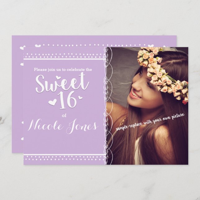 SWEET 16 Lavender Purple Party Photo Invitation (Front/Back)