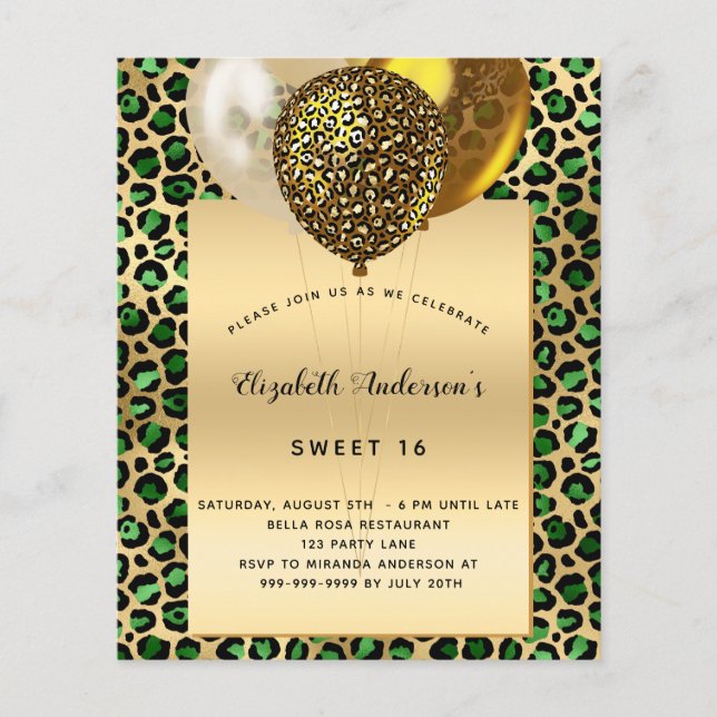 Sweet 16 leopard emerald gold budget invitation (Front)