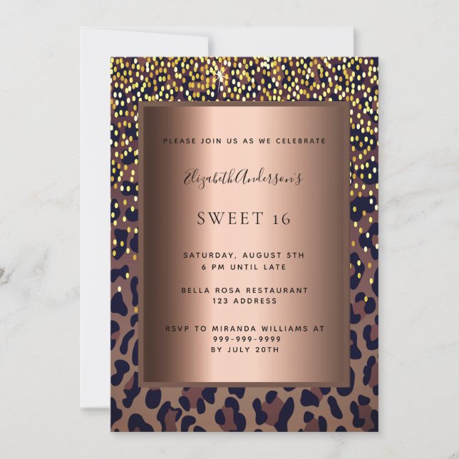 Sweet 16 leopard pattern bronze invitation (Front)
