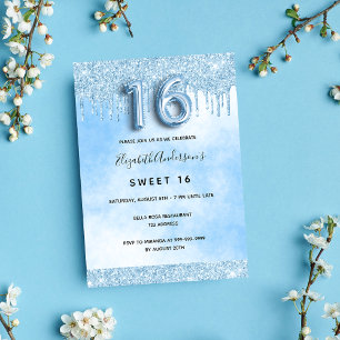 Sweet 16 light blue glitter drips elegant invitation