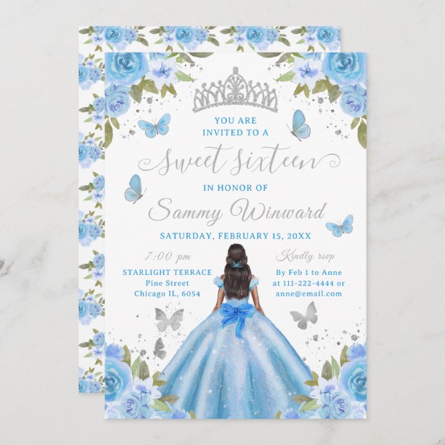 Sweet 16 Light Blue Princess African American Girl Invitation (Front/Back)