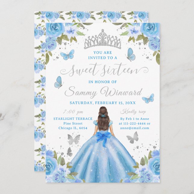 Sweet 16 Light Blue Princess Brunette Girl Invitation (Front/Back)