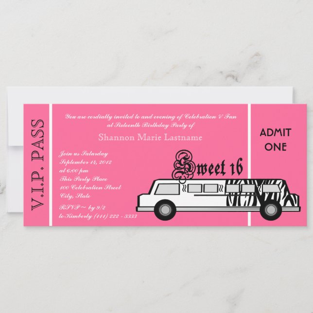Sweet 16 Limo Party Pass Invitation (Front)