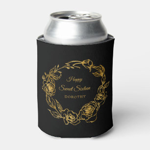 Sweet 16 Luxe Gold Rose Personalised Black Can Cooler