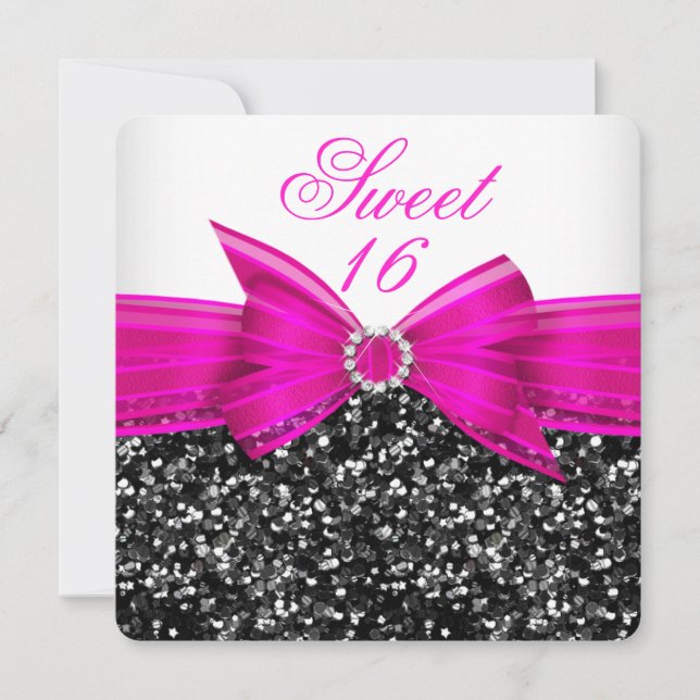 Sweet 16 Luxury Glitter Hot Pink Bow Black White Invitation (Front)