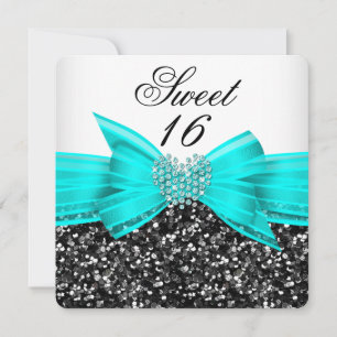 Sweet 16 Luxury Glitter Teal Bow Black White Invitation