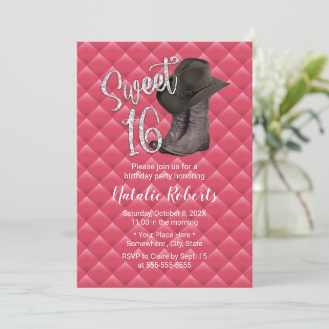 Sweet 16 Luxury Pink Quilted Cowgirl Birthday Invitation (Standing Front)