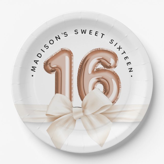 Sweet 16 Luxury Rose gold Balloons Birthday Paper Plate (Front)