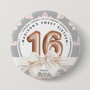 Sweet 16 Luxury Rose gold Balloons Damask 7.5 Cm Round Badge