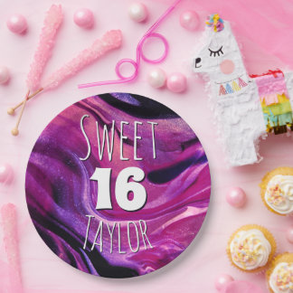 Sweet 16 Magenta Purple Marble Personalized Paper Plate