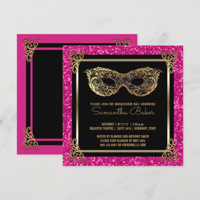 Sweet 16 Masquerade Ball Sweet Sixteen Pink Gold Invitation (Front/Back)