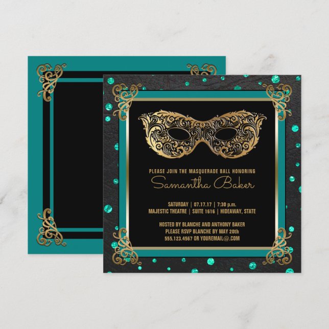 Sweet 16 Masquerade Ball Sweet Sixteen Teal Gold Invitation (Front/Back)