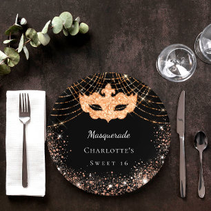Sweet 16 Masquerade black gold glitter Paper Plate