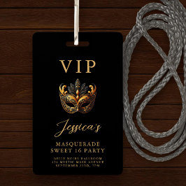 Sweet 16 Masquerade Black Gold VIP Invitation ID Badge