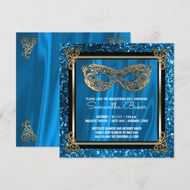 Sweet 16 Masquerade | Blue Sweet Sixteen Birthday Invitation (Front/Back)
