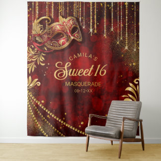 Sweet 16 Masquerade Red Gold Photo Backdrop ID1032 Tapestry