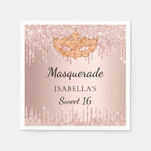 Sweet 16 masquerade rose gold glitter drips party napkin