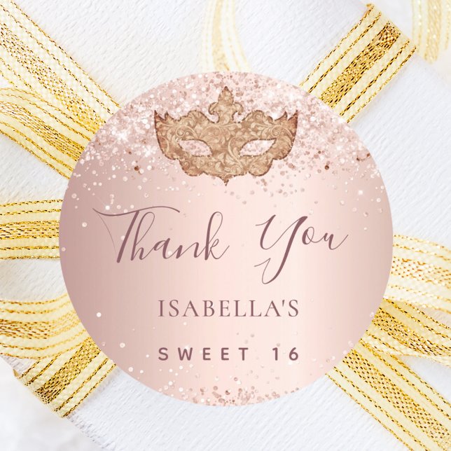 Sweet 16 masquerade rose gold pink Thank You Classic Round Sticker (Creator Uploaded)