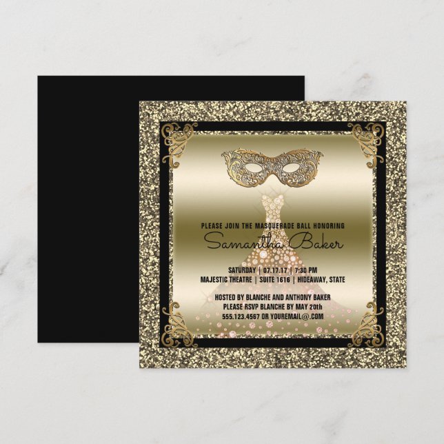 Sweet 16 Masquerade | Sweet Sixteen Black Gold Invitation (Front/Back)