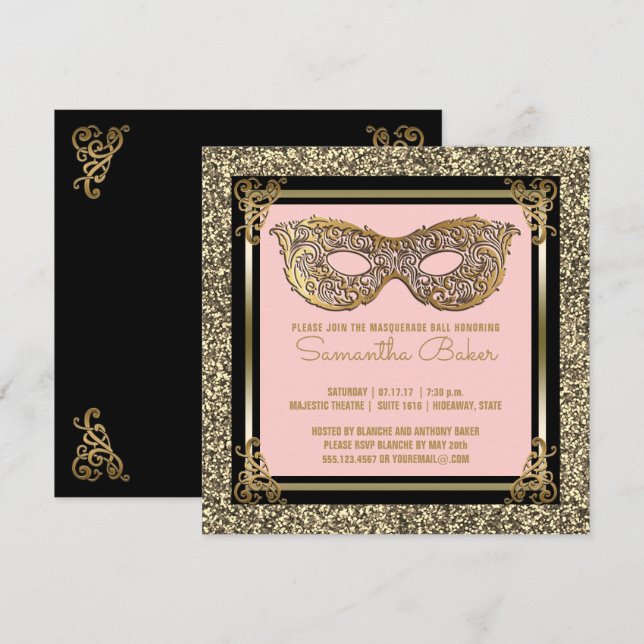 Sweet 16 Masquerade | Sweet Sixteen Pink Gold Invitation (Front/Back)