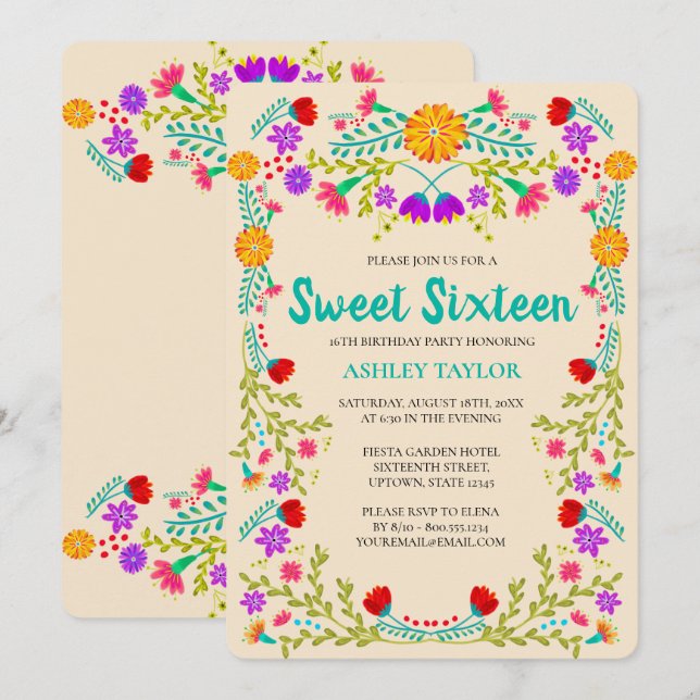 Sweet 16 Mexican Fiesta Champagne Floral Birthday Invitation (Front/Back)