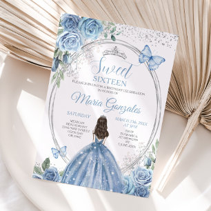 Sweet 16 Mis Quince Dusty Blue & Silver Floral  Invitation