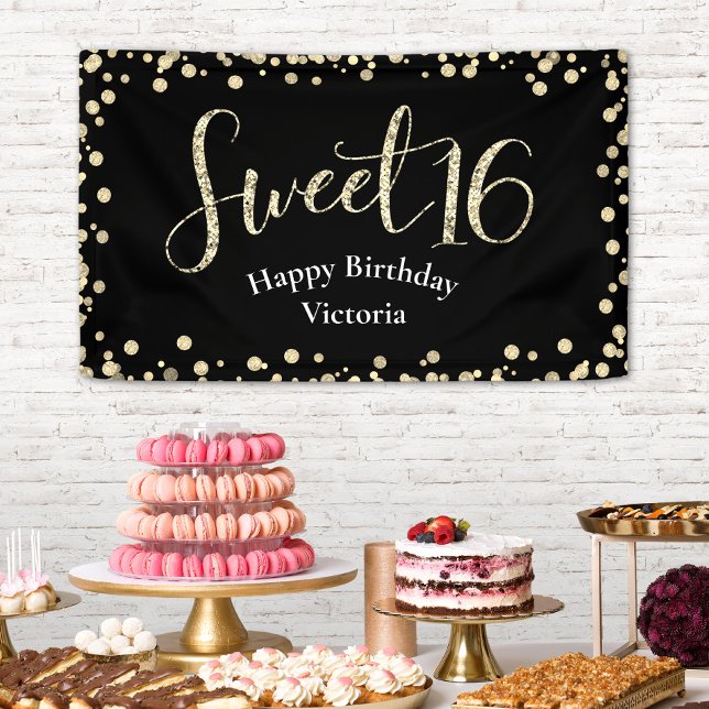 Sweet 16 Modern Black Gold Glitter Girly Birthday Banner (Creator Uploaded)