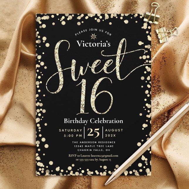 Sweet 16 Modern Black Gold Glitter Girly Birthday Invitation (Creator Uploaded)