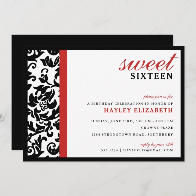 Sweet 16 Modern Damask with Border, Red Invitation (Front/Back)