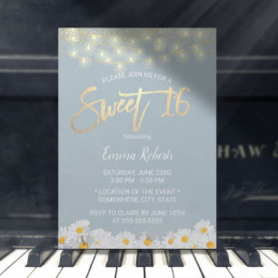 Sweet 16 Modern Dusty Blue Daisy Flowers Invitation