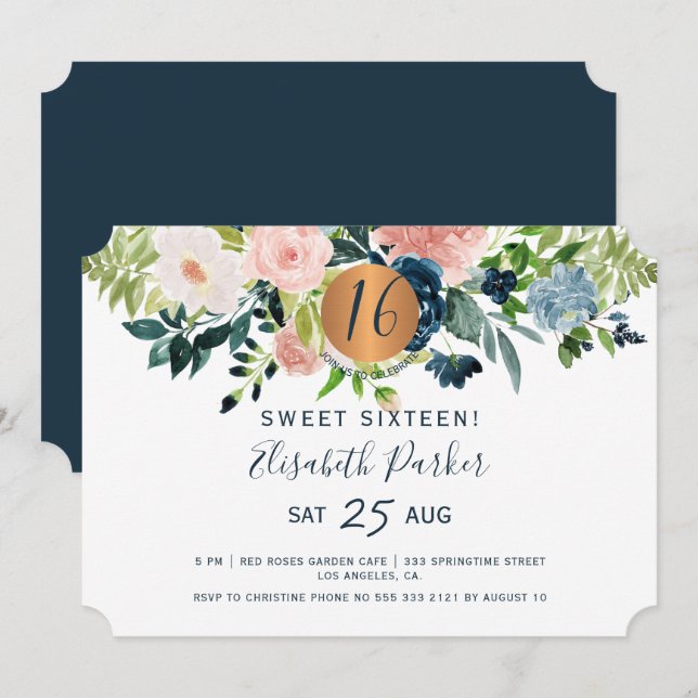 Sweet 16 modern floral watercolor birthday party invitation (Front/Back)