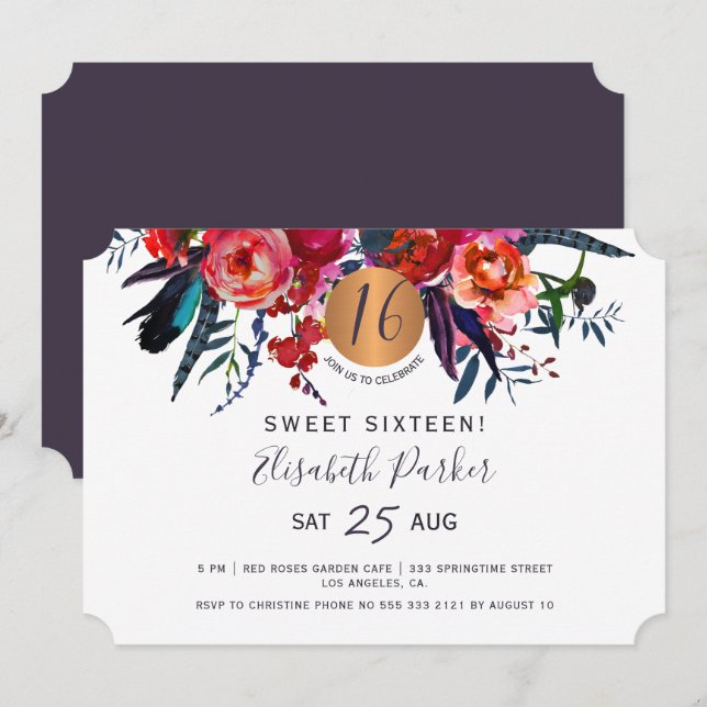 Sweet 16 modern floral watercolor birthday party invitation (Front/Back)