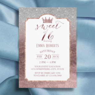 Sweet 16 Modern Foil Rose Gold Princess Crown #2 Invitation