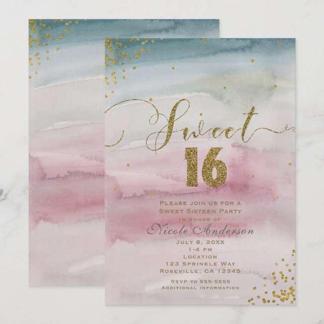 SWEET 16 Modern Glam Watercolor Gold Confetti Invitation (Front/Back)