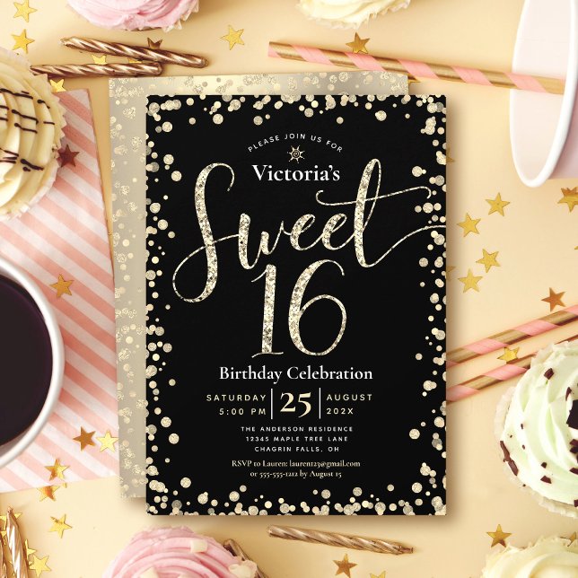 Sweet 16 Modern Gold Black Glitter Girly Birthday Invitation (Creator Uploaded)