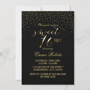 Sweet 16 Modern Gold Confetti Elegant Black Invitation