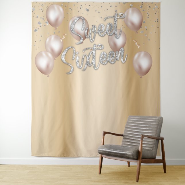 Sweet 16 Modern Gold Girl 16th Birthday Balloons Tapestry (In Situ)