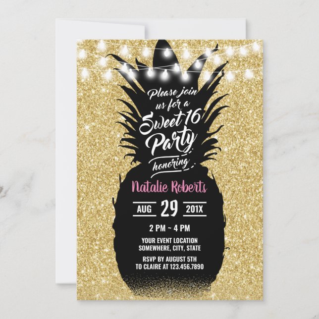 Sweet 16 Modern Gold Glitter Pineapple Invitation (Front)