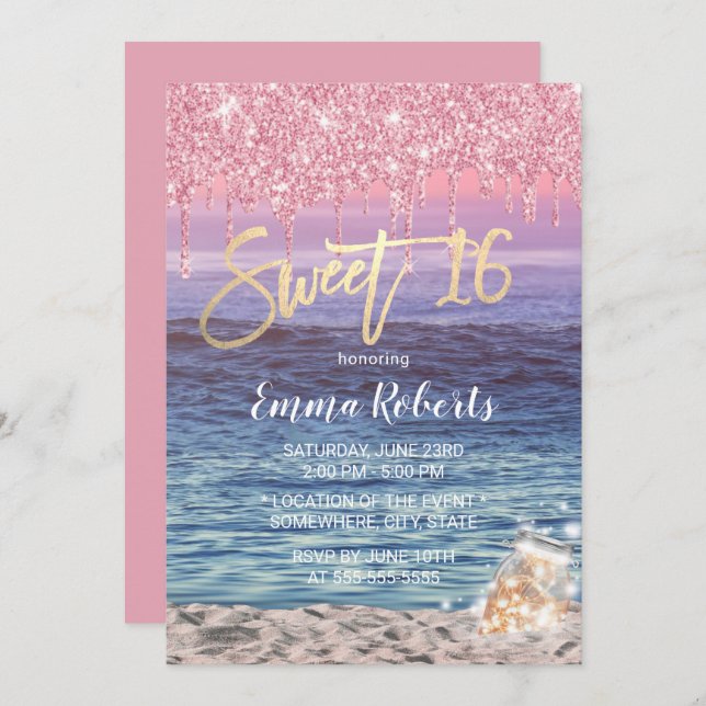Sweet 16 Modern Pink Glitter Drips Tropical Beach Invitation (Front/Back)