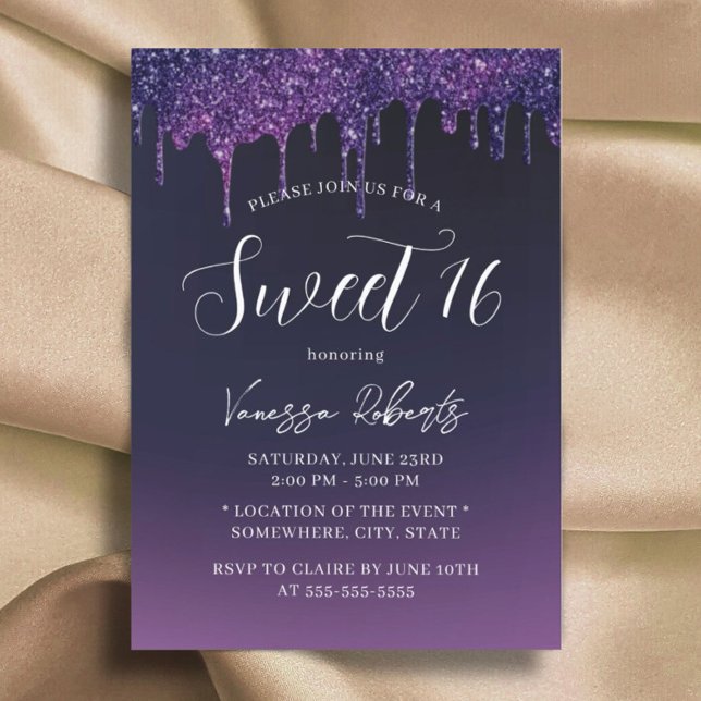 Sweet 16 Modern Purple Glitter Drips Girl Birthday Invitation (Creator Uploaded)