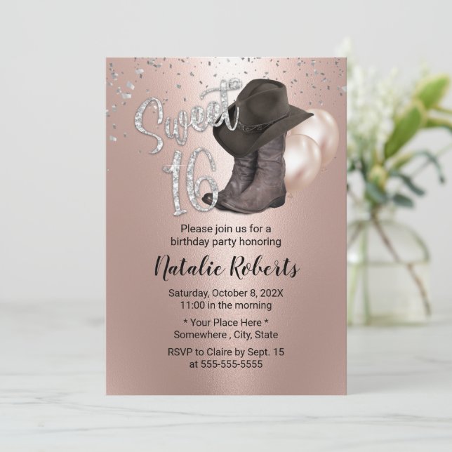 Sweet 16 Modern Rose Gold Cowgirl 16th Birthday Invitation (Standing Front)