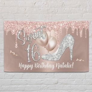 Sweet 16 Modern Rose Gold Drips 16th Birthday  Banner