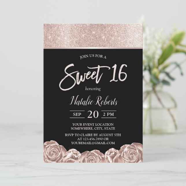 Sweet 16 Modern Rose Gold Flowers Elegant Black  Invitation (Standing Front)